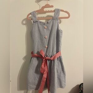 Blue and White Striped Kids Dress with Red Accents